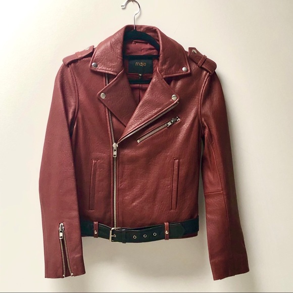 maje Leather Bixente Moto Jacket in Burgundy - Picture 6 of 8